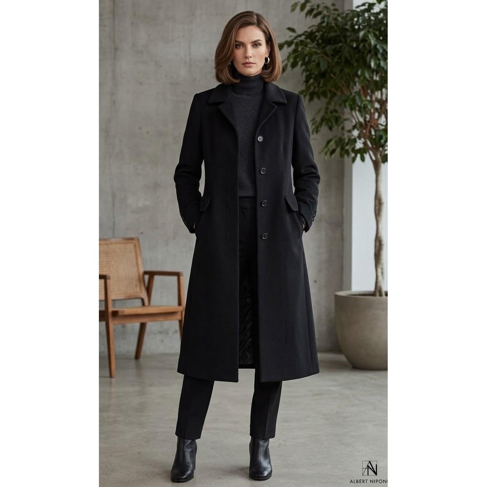 Albert Nipon Coat Womens 4P Black Wool Cashmere Blend Long Button Front Petite